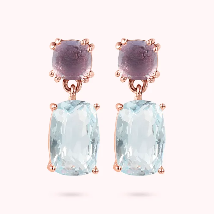 Bronzallure Earrings Orecchini Pendenti in Oro Rosa 375 con Pietra Naturale Taglio Saponetta
