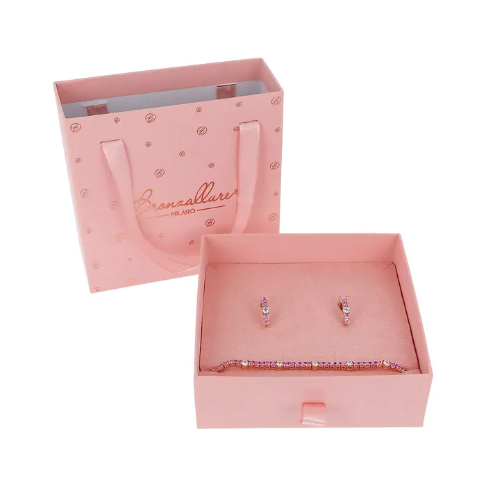 Bronzallure Earrings Set Bicolore Orecchini a Cerchio e Bracciale Tennis con Cubic Zirconia Rosa e Bianche