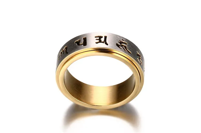 Bryan Lim Rings 8MM Stainless Steel Six Word Mantra Turnable Ring