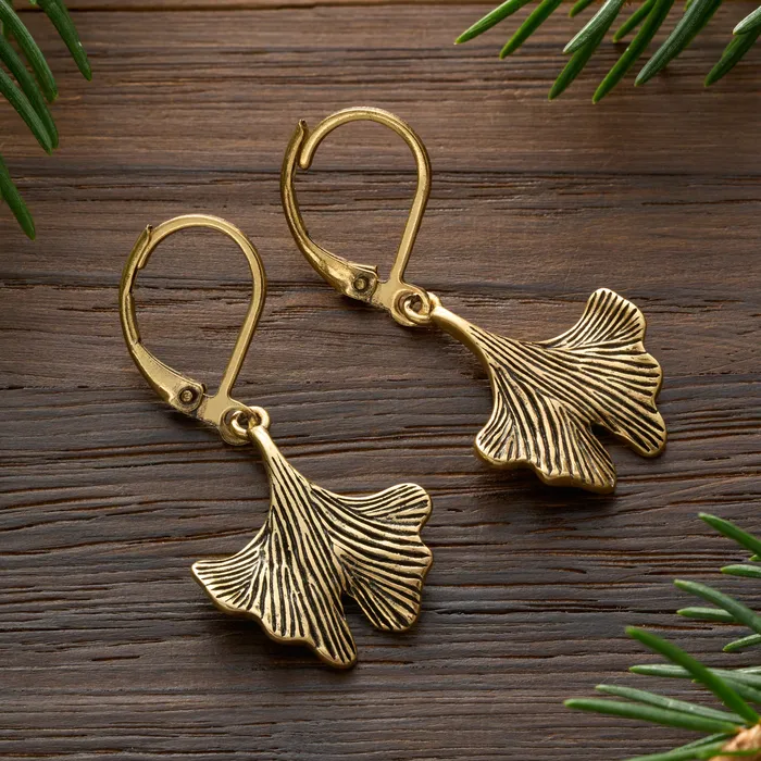 Chadds Ford Jewelry Earrings Gold Leverback Vintage Ginkgo Leaf Earrings