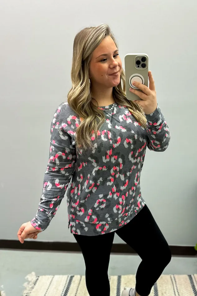 Charcoal Multi Leopard Pullover Top Dear Scarlett Earrings