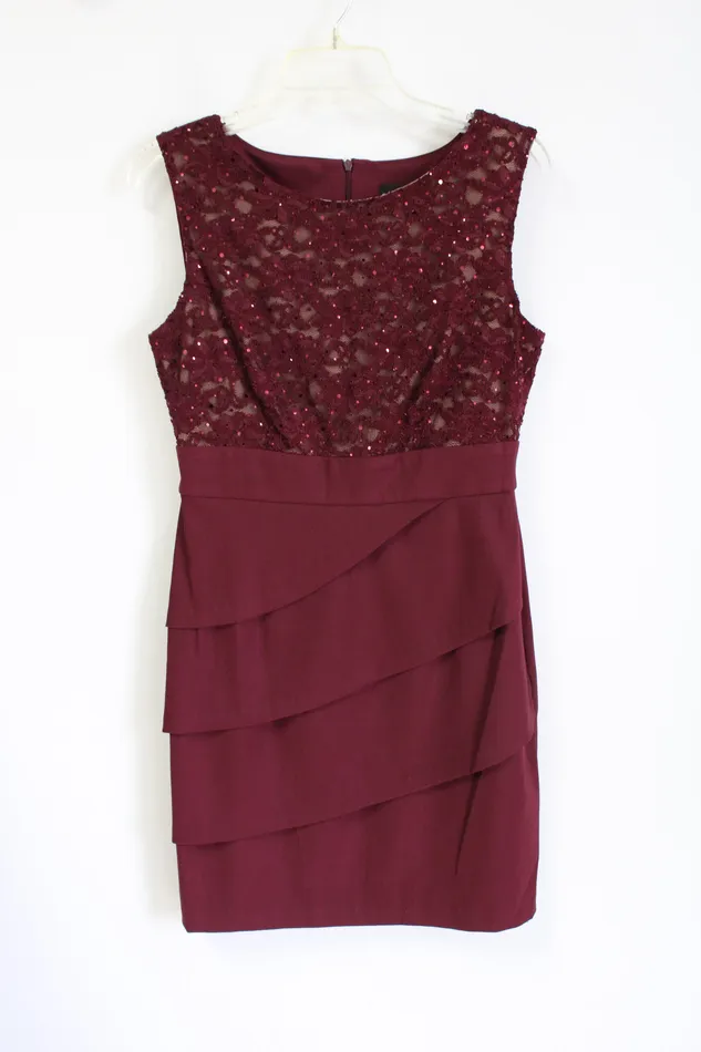 Connected Apparel Maroon Lace Sequined Dress 8 Petite Connected Earrings