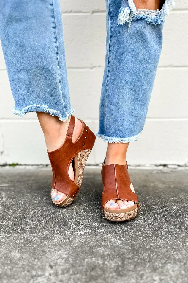 Corkys Rings Corkys Carley Wedge Sandal Cognac Floral Wrap