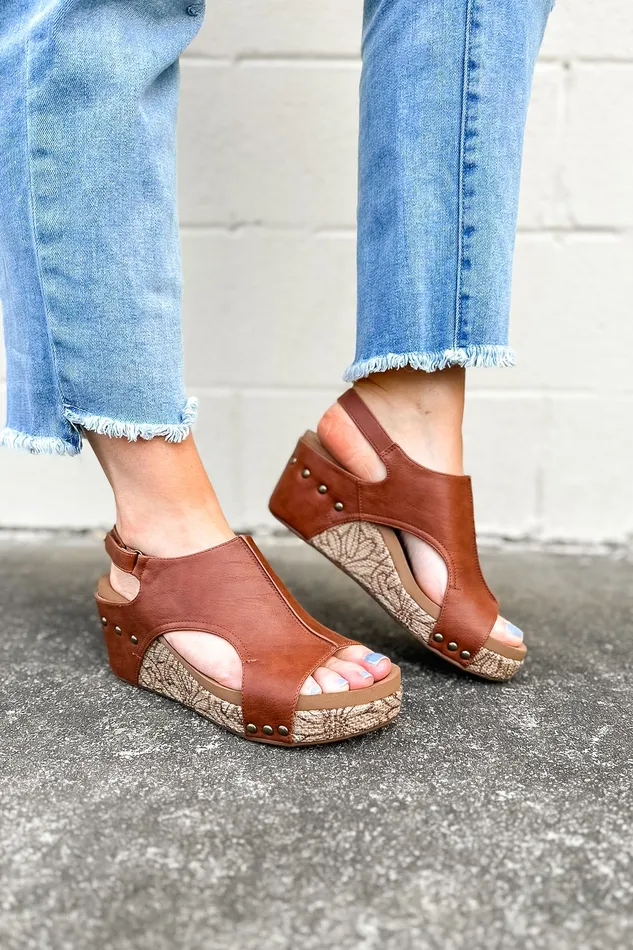 Corkys Rings Corkys Carley Wedge Sandal Cognac Floral Wrap
