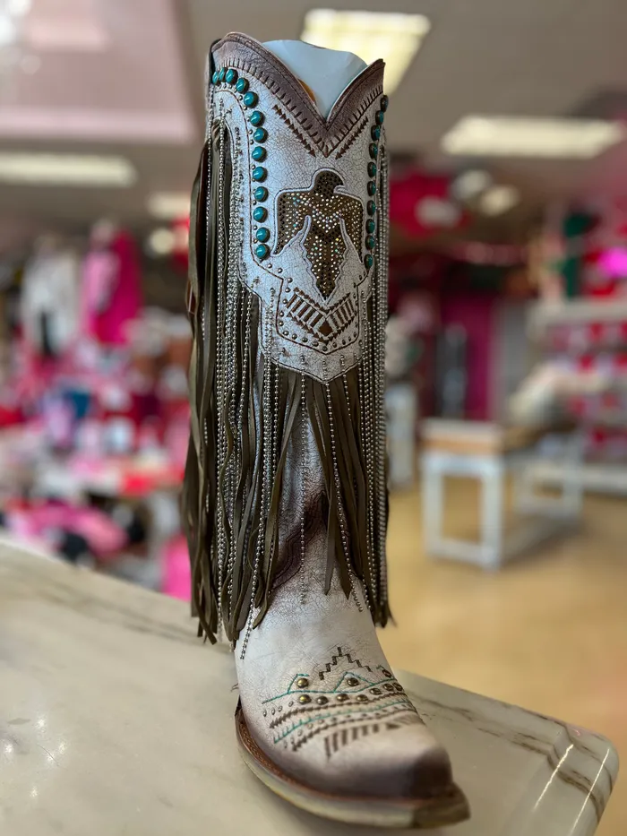 CORRAL WOMENS BEIGE EMBROIDERY AND CRYSTALS EAGLE FRINGE WESTERN BOOTS C4088 CORRAL Necklaces