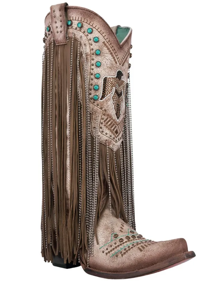 CORRAL WOMENS BEIGE EMBROIDERY AND CRYSTALS EAGLE FRINGE WESTERN BOOTS C4088 CORRAL Necklaces