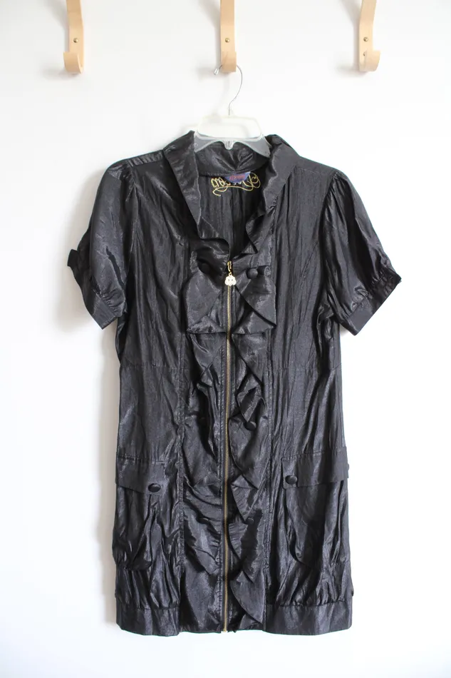 Dereon Gray Shimmer Ruffled Full Zip Dress M Dereon Earrings