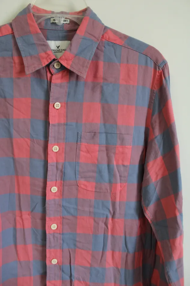Earrings American Eagle American Eagle Seriously Soft Pink Gray Plaid Shirt S