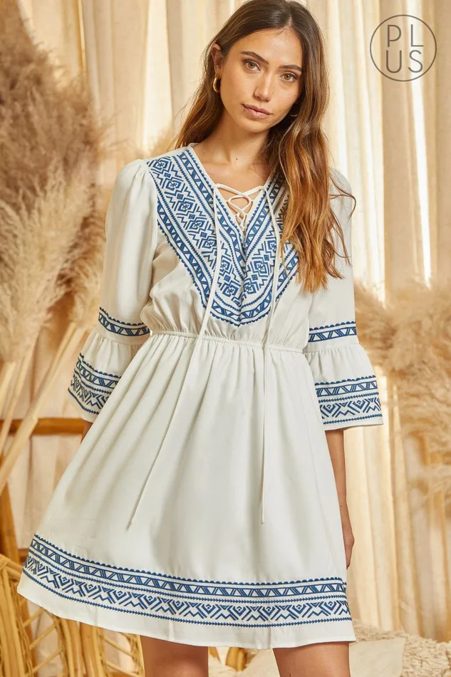 Earrings DETAILED NECK 34 SLEEVES EMBROIDERY DRESS IVORY NAVY ANDREE BY UNIT