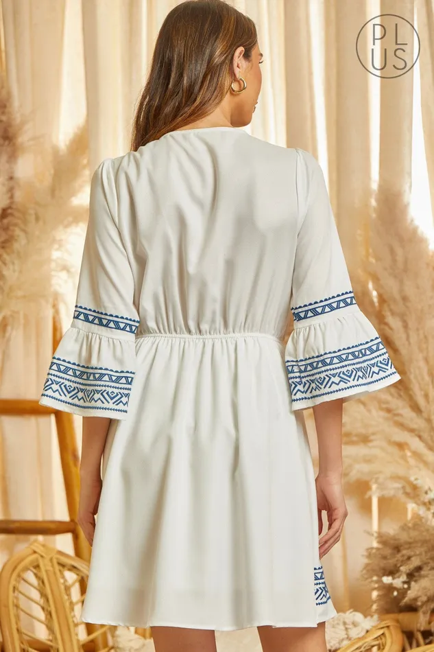 Earrings DETAILED NECK 34 SLEEVES EMBROIDERY DRESS IVORY NAVY ANDREE BY UNIT
