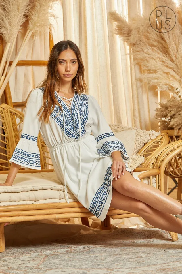 Earrings DETAILED NECK 34 SLEEVES EMBROIDERY DRESS IVORY NAVY ANDREE BY UNIT