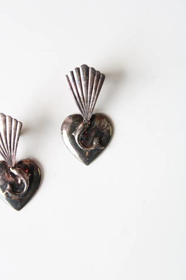 Earrings Jubilee Thrift Vintage Dolphin Heart Sterling Silver Stud Dangle Earrings