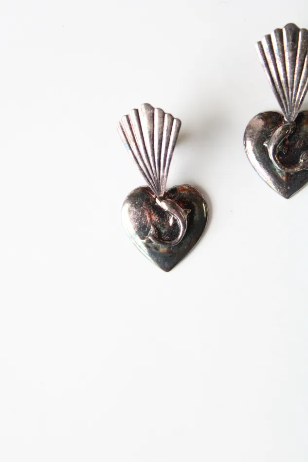 Earrings Jubilee Thrift Vintage Dolphin Heart Sterling Silver Stud Dangle Earrings