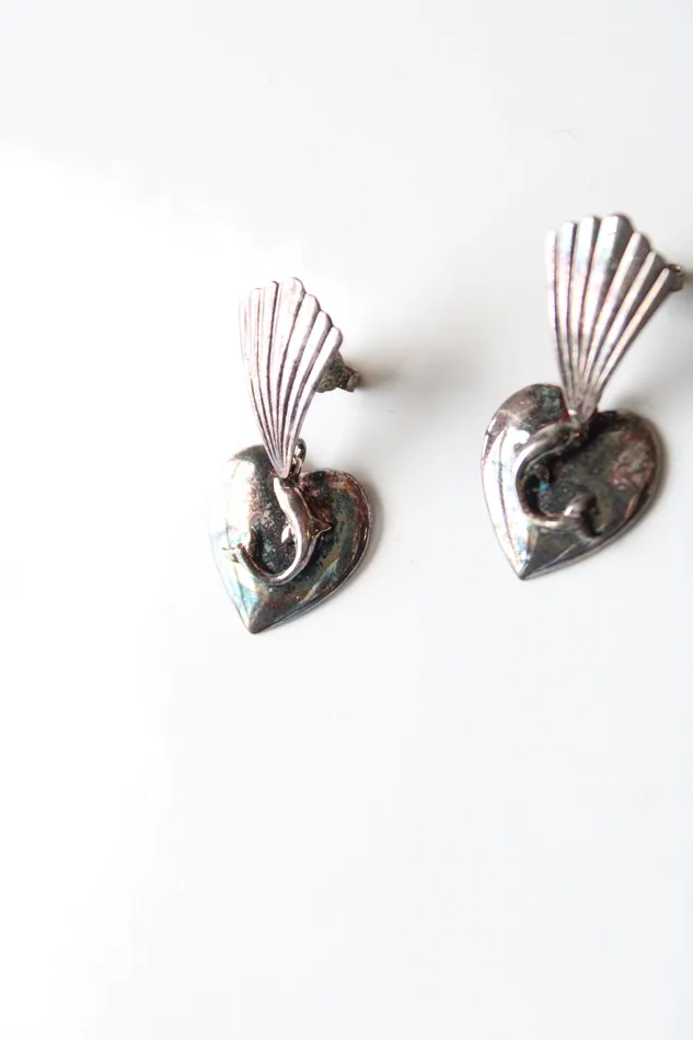 Earrings Jubilee Thrift Vintage Dolphin Heart Sterling Silver Stud Dangle Earrings