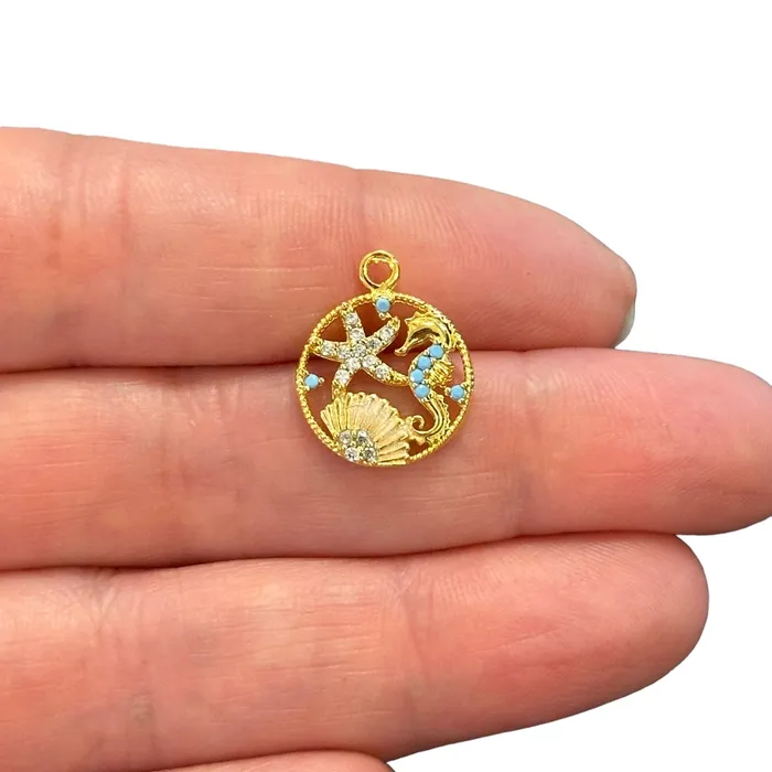 Earrings Peppy Beads 24Kt Gold Plated Coastal Charm CZ Micro Pave Starfish Seahorse and Oyster Shell