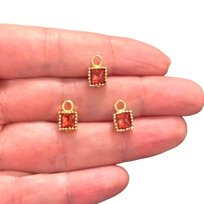 Earrings Peppy Beads 24Kt Gold Plated Square Fuchsia CZ Charms 3 pcs in a pack