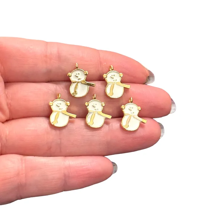 Earrings Peppy Beads Christmas Snowman Charms 24Kt Gold Plated White Enamelled Snowman Charms 5 pcs in a pack