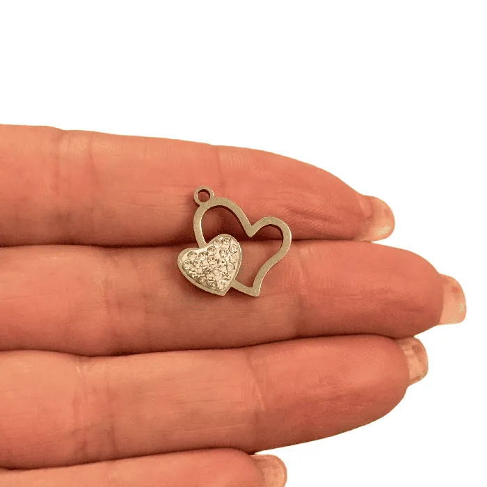 Earrings Peppy Beads Waterproof Stainless Steel Double Heart CZ Charm