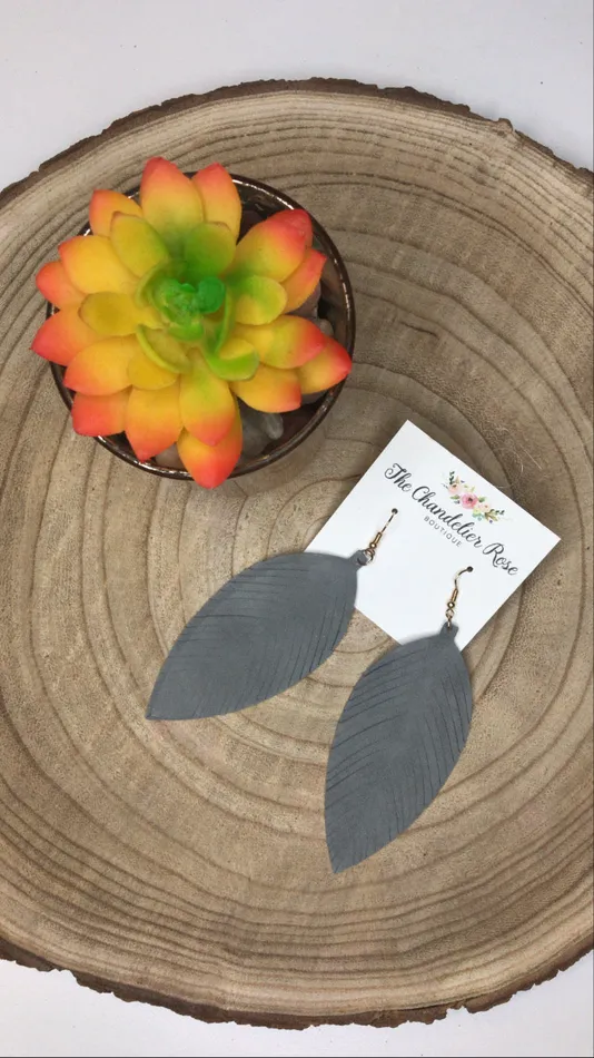 Earrings The Chandelier Rose Boutique Genuine Leather Leaf Earrings Light Grey