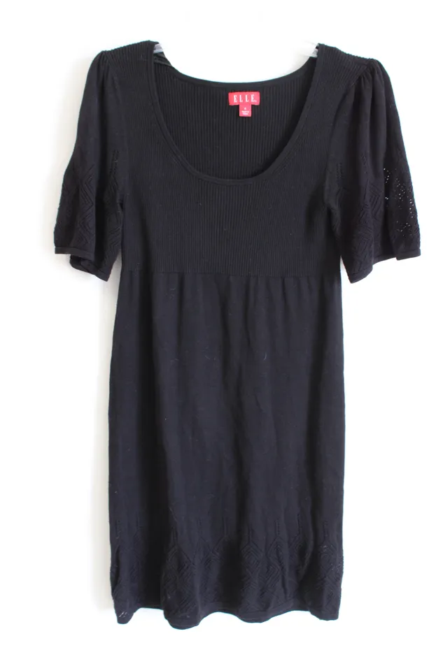Elle Rings Elle Ribbed Bodice Knitted Patterned Sleeves Hem Black Dress S