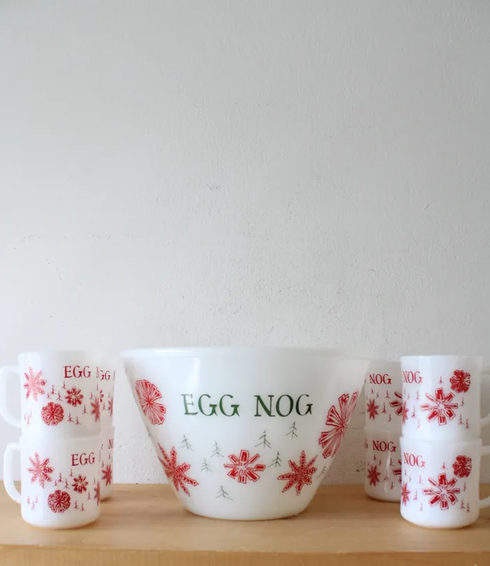 FireKing Rings Vintage FireKing Milk White Glass Red Snowflake Egg Nog Large Bowl 8 Mug Set FireKing Rings Vintage FireKing Milk White Glass Red Snowflake Egg Nog Large Bowl 8 Mug Set
