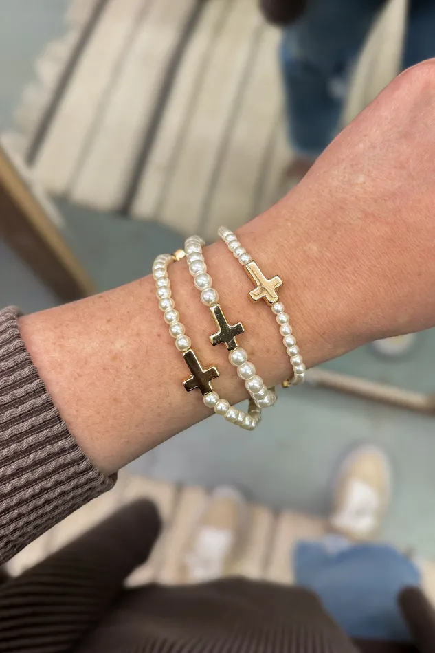 Golden Stella Bracelets 3 Row Cross Station Pearl Bracelet Set
