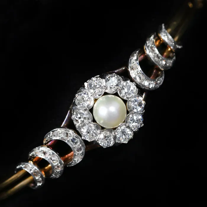 Heirloom Jewelers Bracelets Edwardian 110 CTW Diamond and Pearl Bangle Bracelet Heirloom Jewelers Bracelets Edwardian 110 CTW Diamond and Pearl Bangle Bracelet
