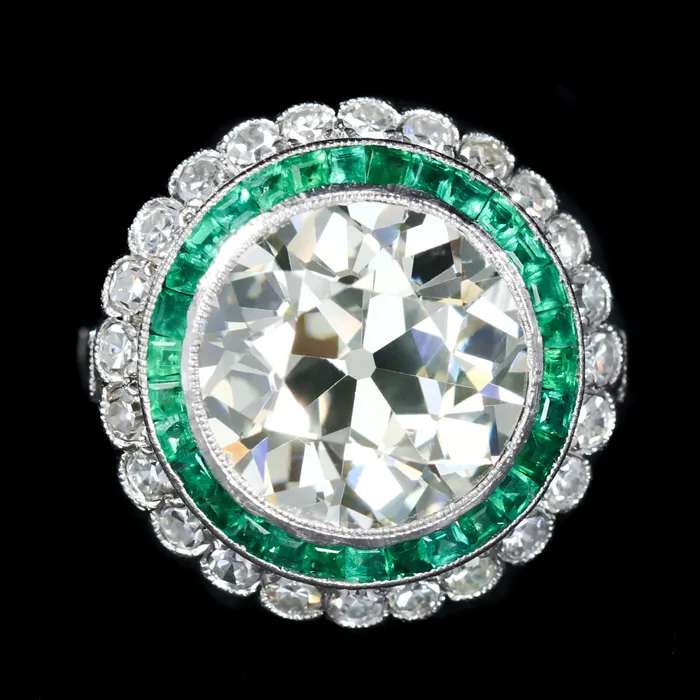 Jack Pritchard Rings Estate Platinum 592 Carat Old European Cut Diamond and Emerald Engagement Ring