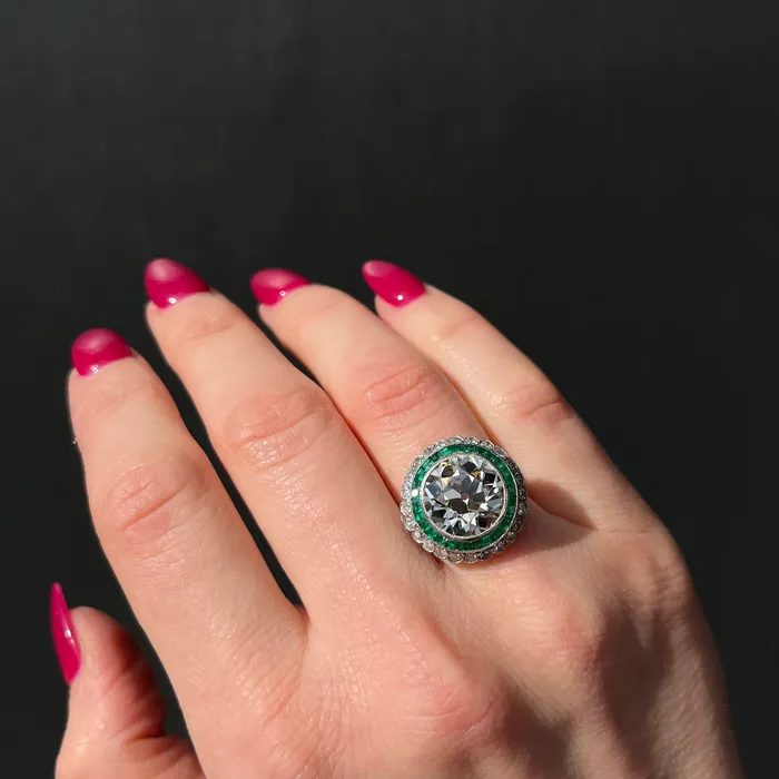 Jack Pritchard Rings Estate Platinum 592 Carat Old European Cut Diamond and Emerald Engagement Ring