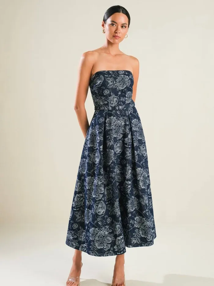 Jacquard Denim Midi Strapless Dress Flying Tomato Earrings
