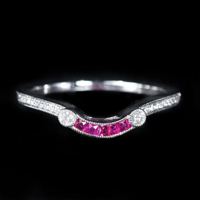 JC Blackburn Rings 14K White Gold Ruby and Diamond Curved Band