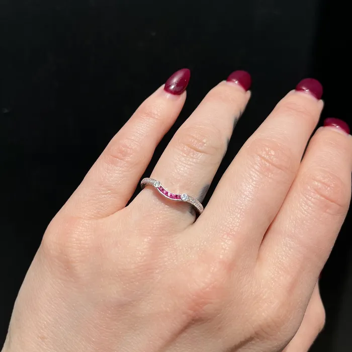 JC Blackburn Rings 14K White Gold Ruby and Diamond Curved Band