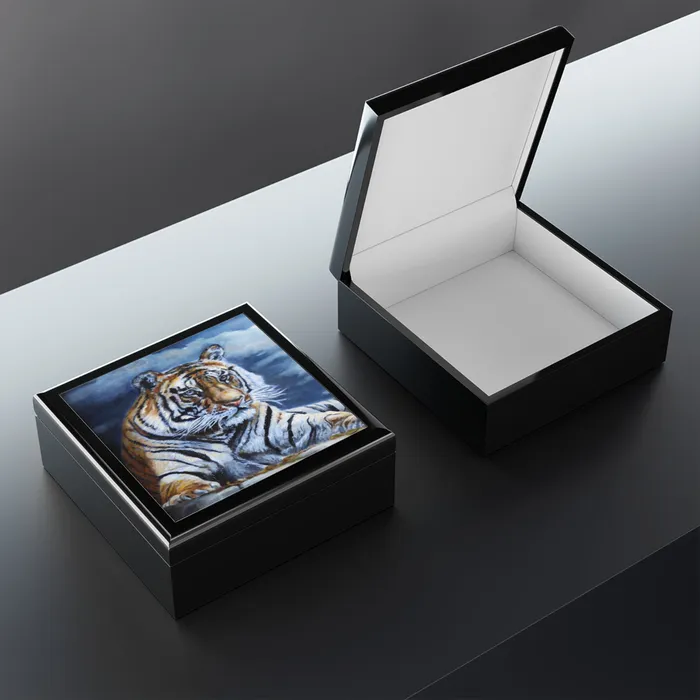 Jewelry Keepsake Box Bengal Tiger Lacquer Box Portraits by NC Earrings