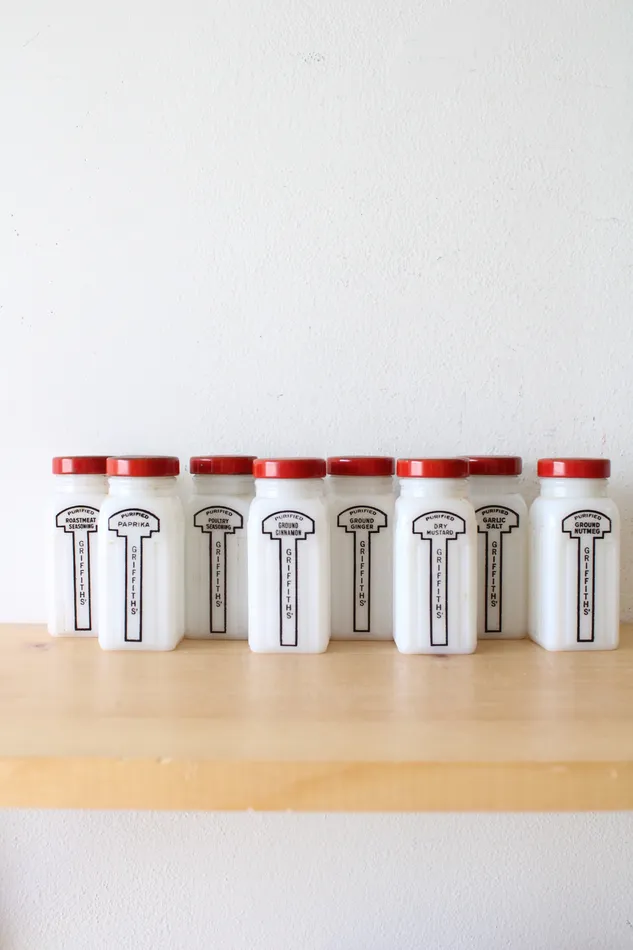 Jubilee Thrift Earrings Griffith Laboratories Milk Glass Vintage Spice Bottles Set Of 8