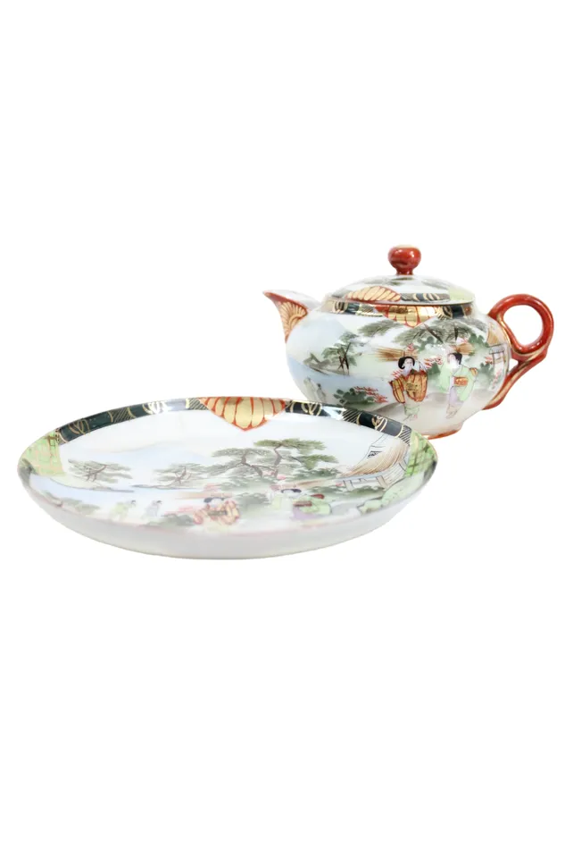 Jubilee Thrift Earrings Hand Painted Japanese Teapot Dish Set
