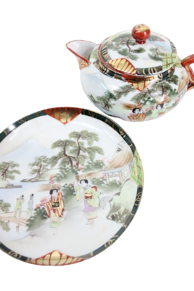 Jubilee Thrift Earrings Hand Painted Japanese Teapot Dish Set
