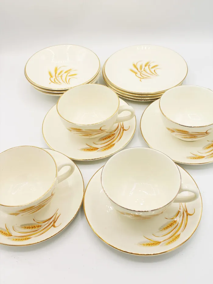 Jubilee Thrift Earrings Homer Laughlin Golden Wheat 22KT Gold Tea Cups Saucers Desserts Plates Jubilee Thrift Earrings Homer Laughlin Golden Wheat 22KT Gold Tea Cups Saucers Desserts Plates