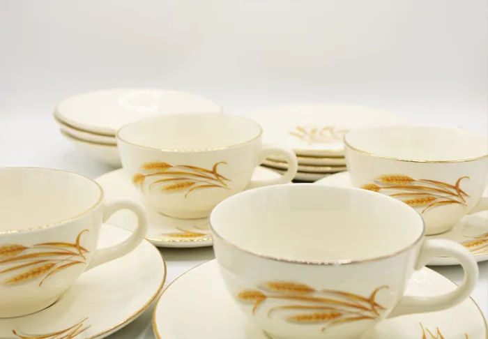 Jubilee Thrift Earrings Homer Laughlin Golden Wheat 22KT Gold Tea Cups Saucers Desserts Plates Jubilee Thrift Earrings Homer Laughlin Golden Wheat 22KT Gold Tea Cups Saucers Desserts Plates