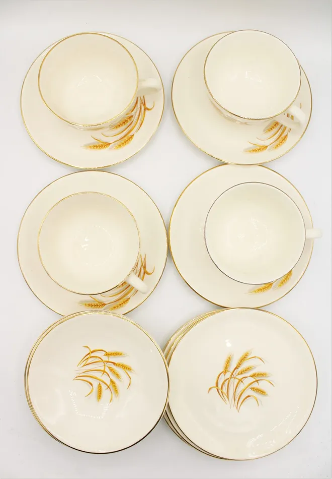 Jubilee Thrift Earrings Homer Laughlin Golden Wheat 22KT Gold Tea Cups Saucers Desserts Plates Jubilee Thrift Earrings Homer Laughlin Golden Wheat 22KT Gold Tea Cups Saucers Desserts Plates