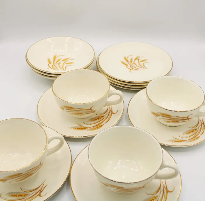 Jubilee Thrift Earrings Homer Laughlin Golden Wheat 22KT Gold Tea Cups Saucers Desserts Plates Jubilee Thrift Earrings Homer Laughlin Golden Wheat 22KT Gold Tea Cups Saucers Desserts Plates