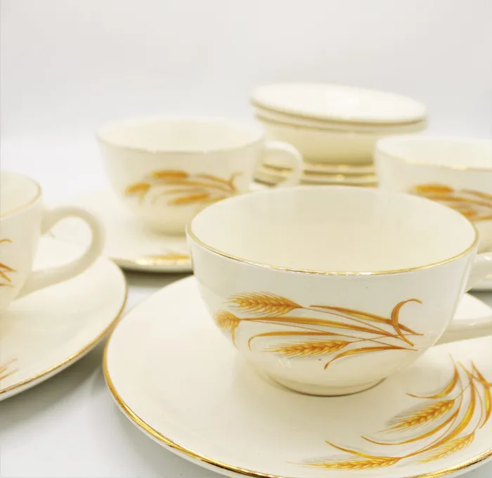 Jubilee Thrift Earrings Homer Laughlin Golden Wheat 22KT Gold Tea Cups Saucers Desserts Plates Jubilee Thrift Earrings Homer Laughlin Golden Wheat 22KT Gold Tea Cups Saucers Desserts Plates