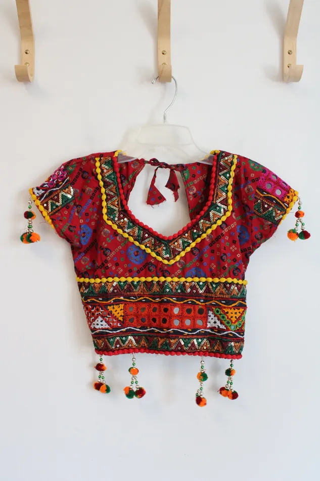Jubilee Thrift Earrings Red Patterned Sequined Beaded Tassels Cropped Top