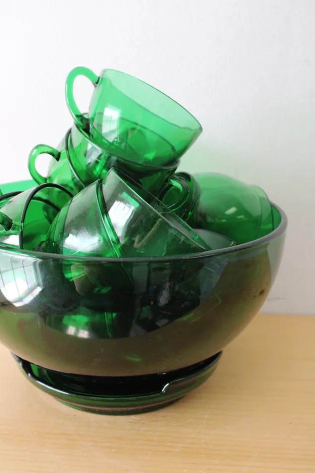 Jubilee Thrift Earrings Vintage Anchor Hocking 20Piece Emerald Green Glass Punch Bowl Set