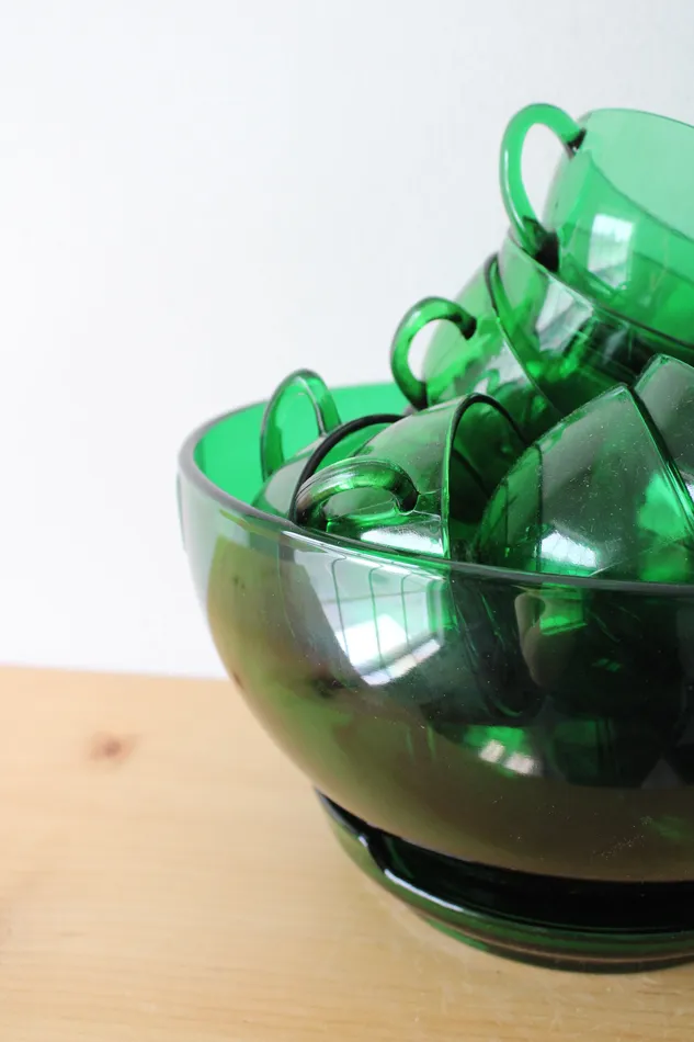 Jubilee Thrift Earrings Vintage Anchor Hocking 20Piece Emerald Green Glass Punch Bowl Set