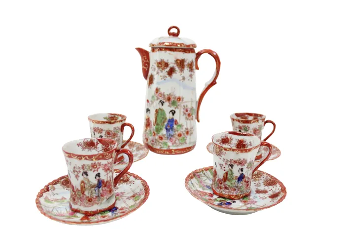 Jubilee Thrift Earrings Vintage Japanese Red Painted Geisha Cocoa Pot Cup Set Set Of 9