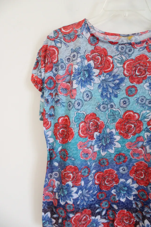 Jubilee Thrift Rings Blue Red Floral Cotton Blend Short Sleeved Top M