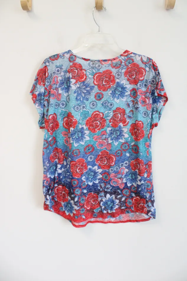Jubilee Thrift Rings Blue Red Floral Cotton Blend Short Sleeved Top M