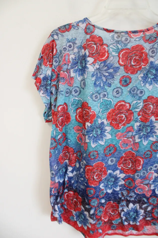 Jubilee Thrift Rings Blue Red Floral Cotton Blend Short Sleeved Top M
