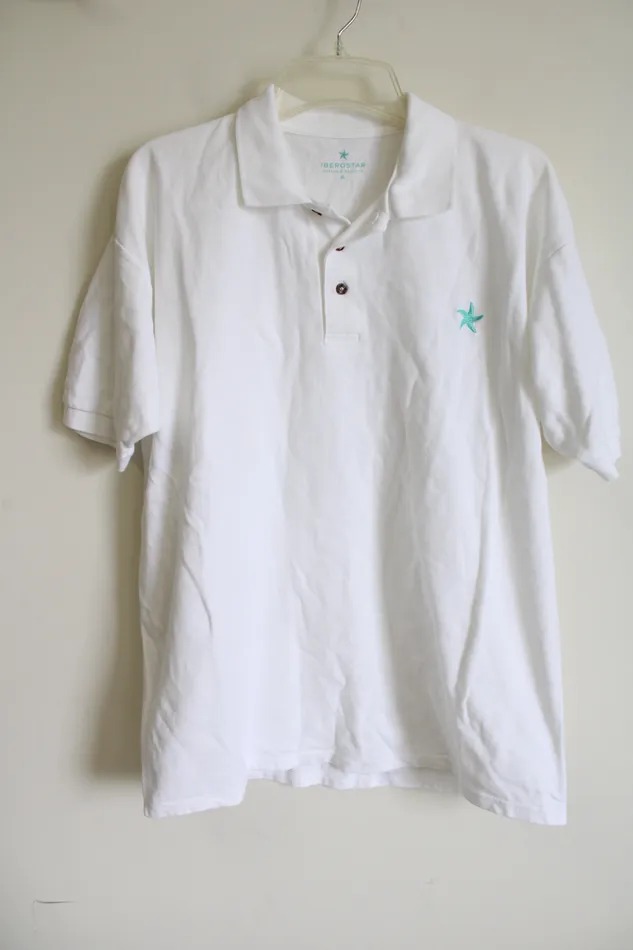 Jubilee Thrift Rings Iberostar White Blue Starfish Embroidered Polo Shirt