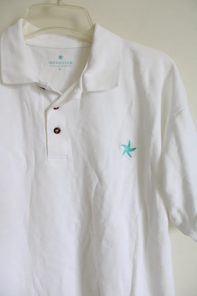Jubilee Thrift Rings Iberostar White Blue Starfish Embroidered Polo Shirt